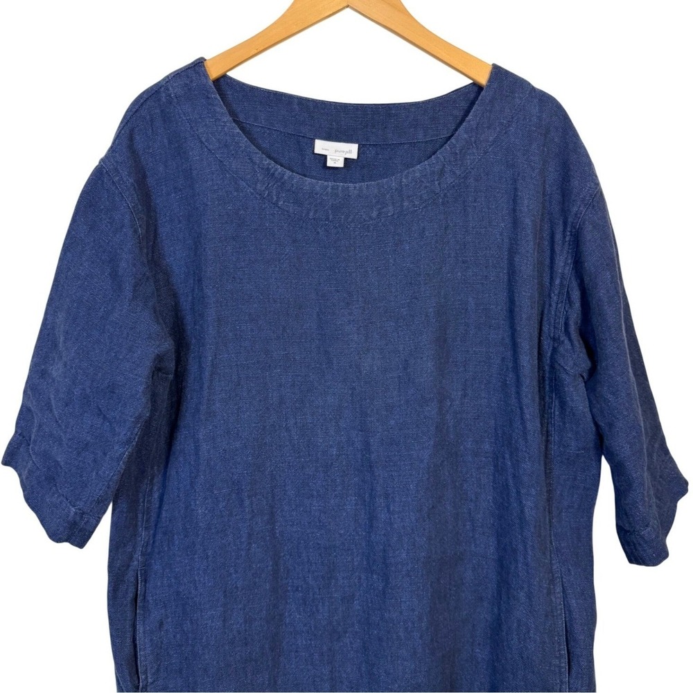 J. Jill Dress Medium 100% Linen Navy Blue‎ Shift Midi Half Sleeve Lagenlook - Picture 2 of 5